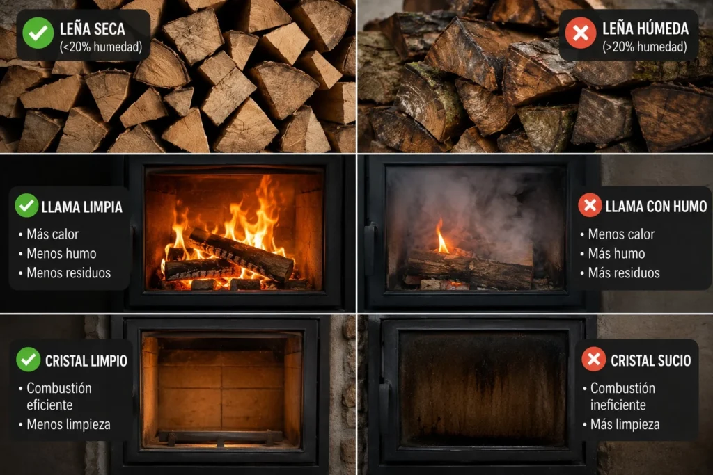 ¿Debes cambiar el cristal de tu chimenea o solo necesita una limpieza? 1 Diferencia entre combustión con leña seca y leña húmeda en una chimenea