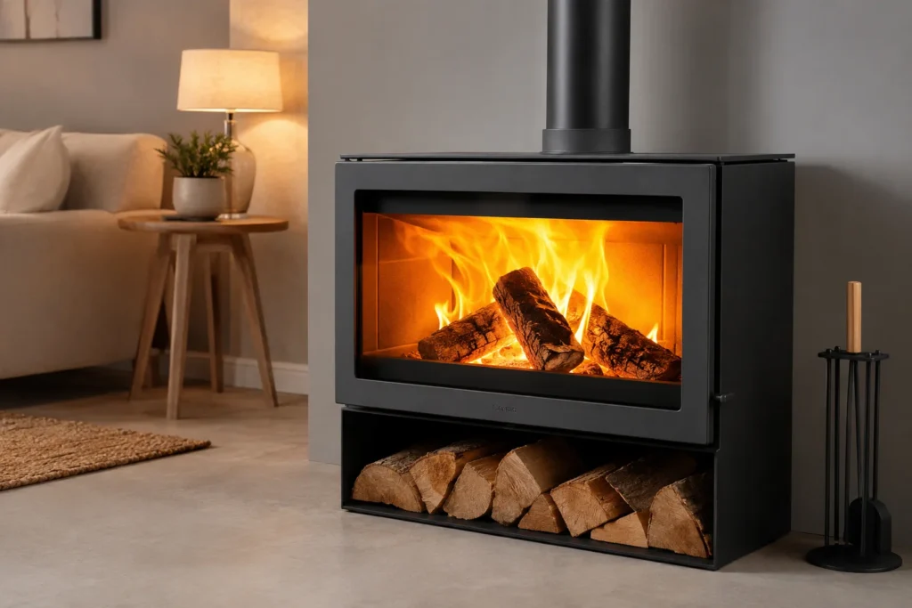 Estufa de leña moderna con cristal limpio y combustión eficiente