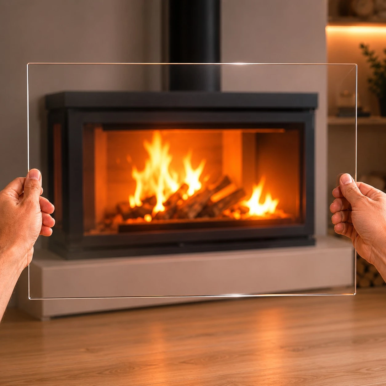 cristal vitrocerámico para chimeneas instalado en chimenea de leña